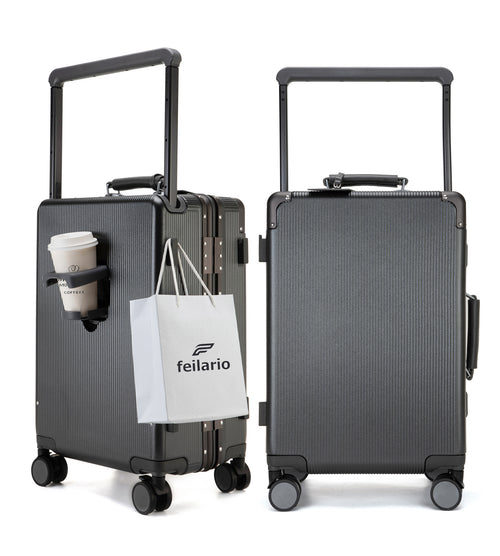 feilario 20in Aluminum Frame Wide Handle PC Hardside Carry On Luggage - Double Spinner Wheels Luxury Rolling Travel Suitcase with TSA Lock & Cup Holder