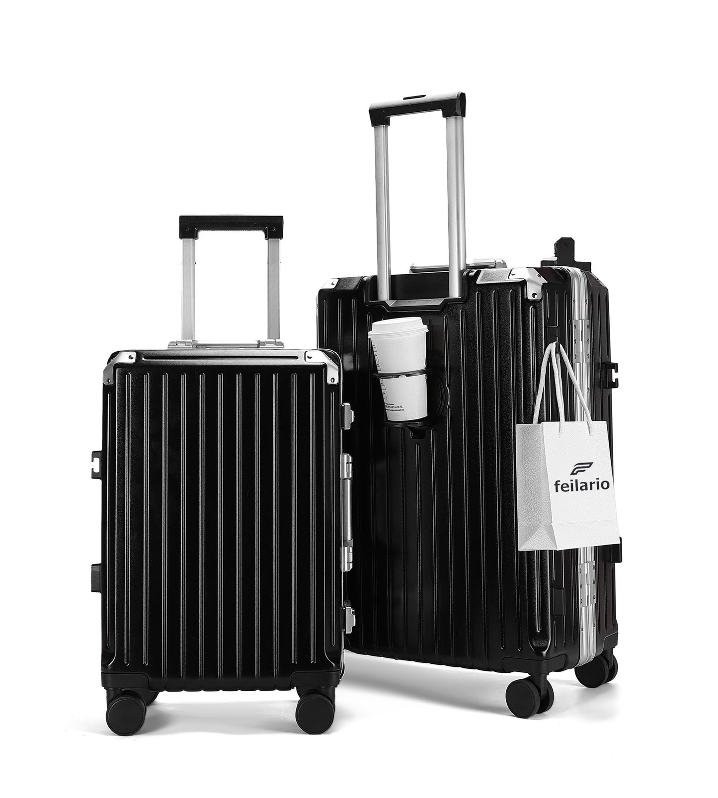 feilario 20in/24in Aluminium Frame PC ABS Zipperless Luggage Hardshell TSA Lock Spinner Wheels Carry on Suitcase with Cup Holder & Hook