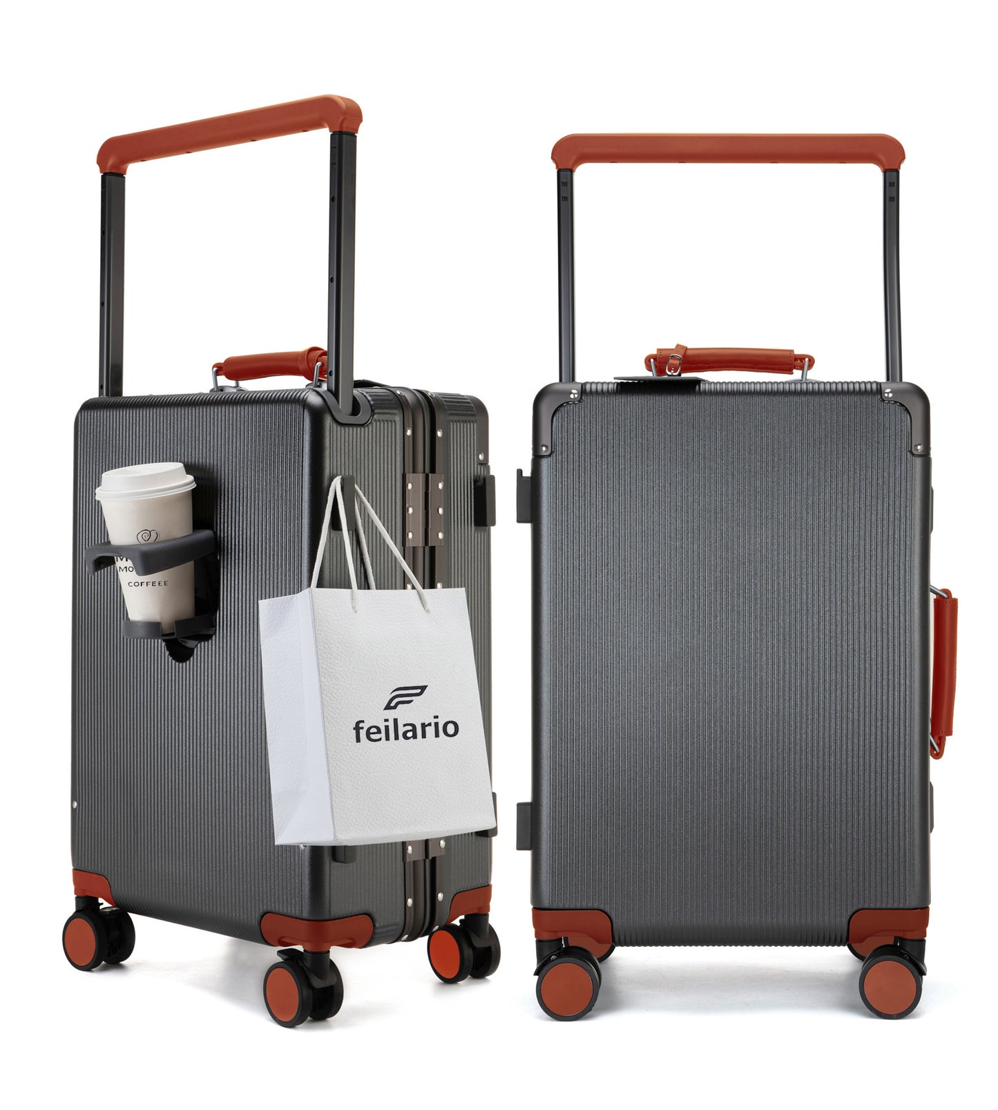 feilario 20in Aluminum Frame Wide Handle PC Hardside Carry On Luggage - Double Spinner Wheels Luxury Rolling Travel Suitcase with TSA Lock & Cup Holder