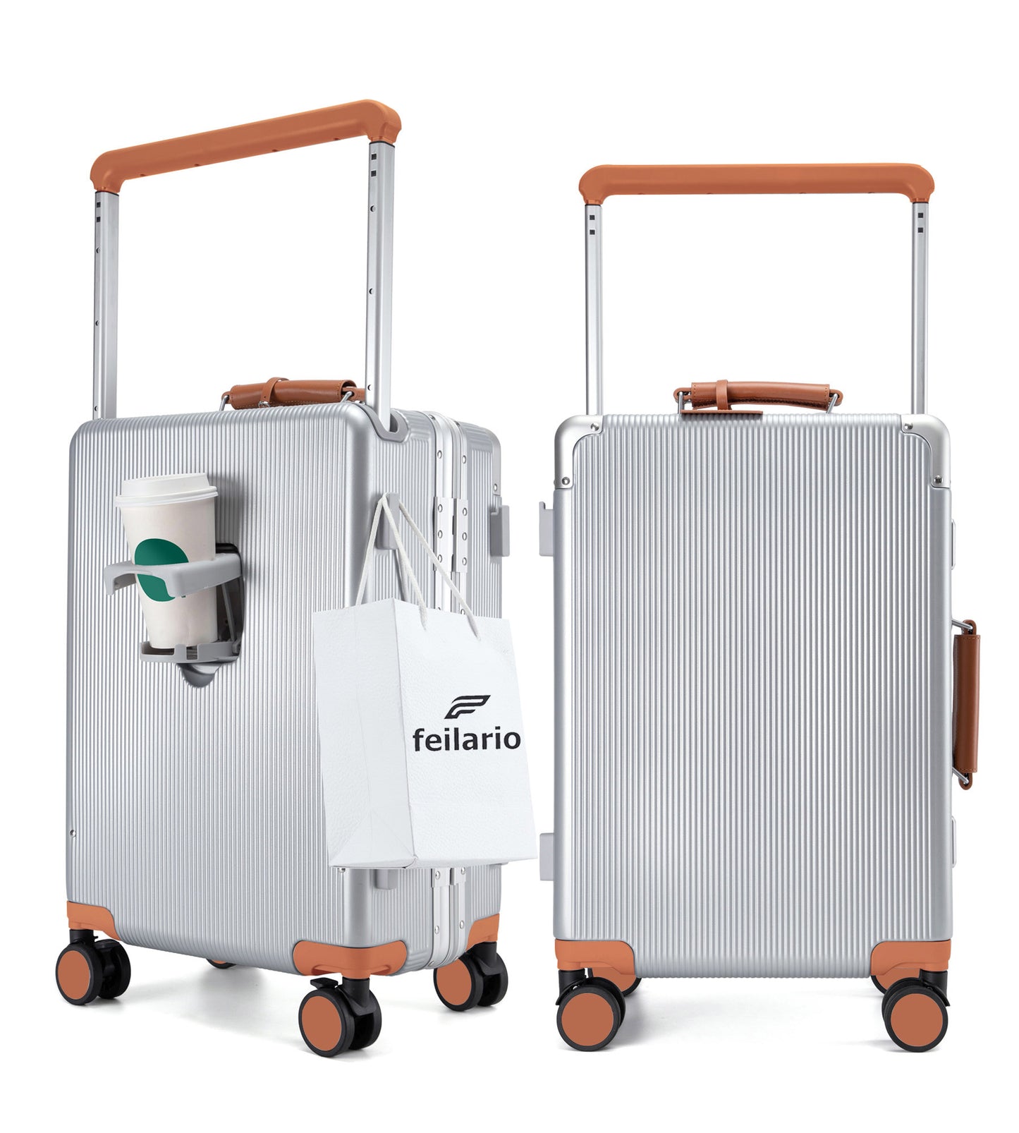feilario 20in Aluminum Frame Wide Handle PC Hardside Carry On Luggage - Double Spinner Wheels Luxury Rolling Travel Suitcase with TSA Lock & Cup Holder