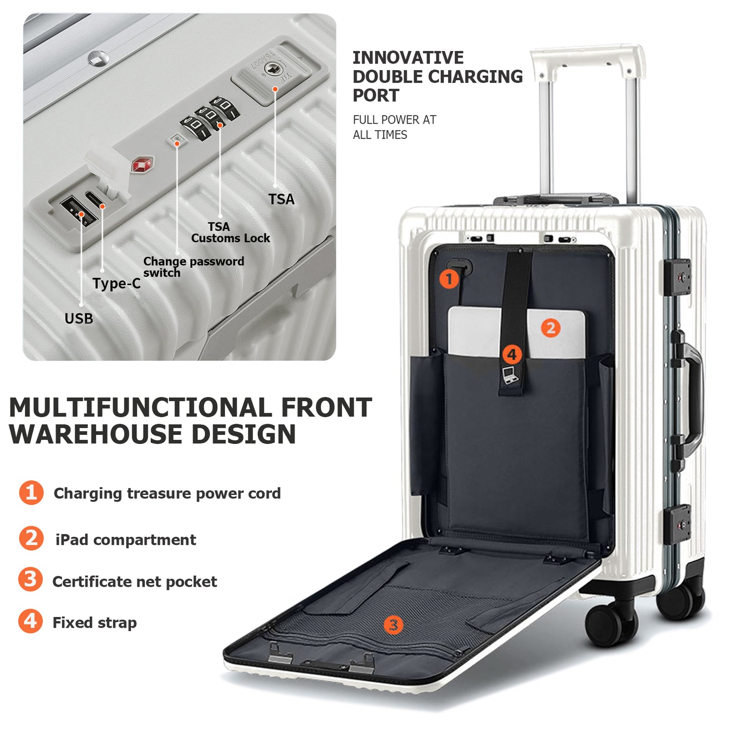feilario 20in/24in Aluminium Frame Hardside Spinner Wheel Luggage, Built-In TSA lock Travel Zipperless Carry on Suitcase - Airline Approved Carry on Luggage with Cup Holder & USB Port & Phone Holder