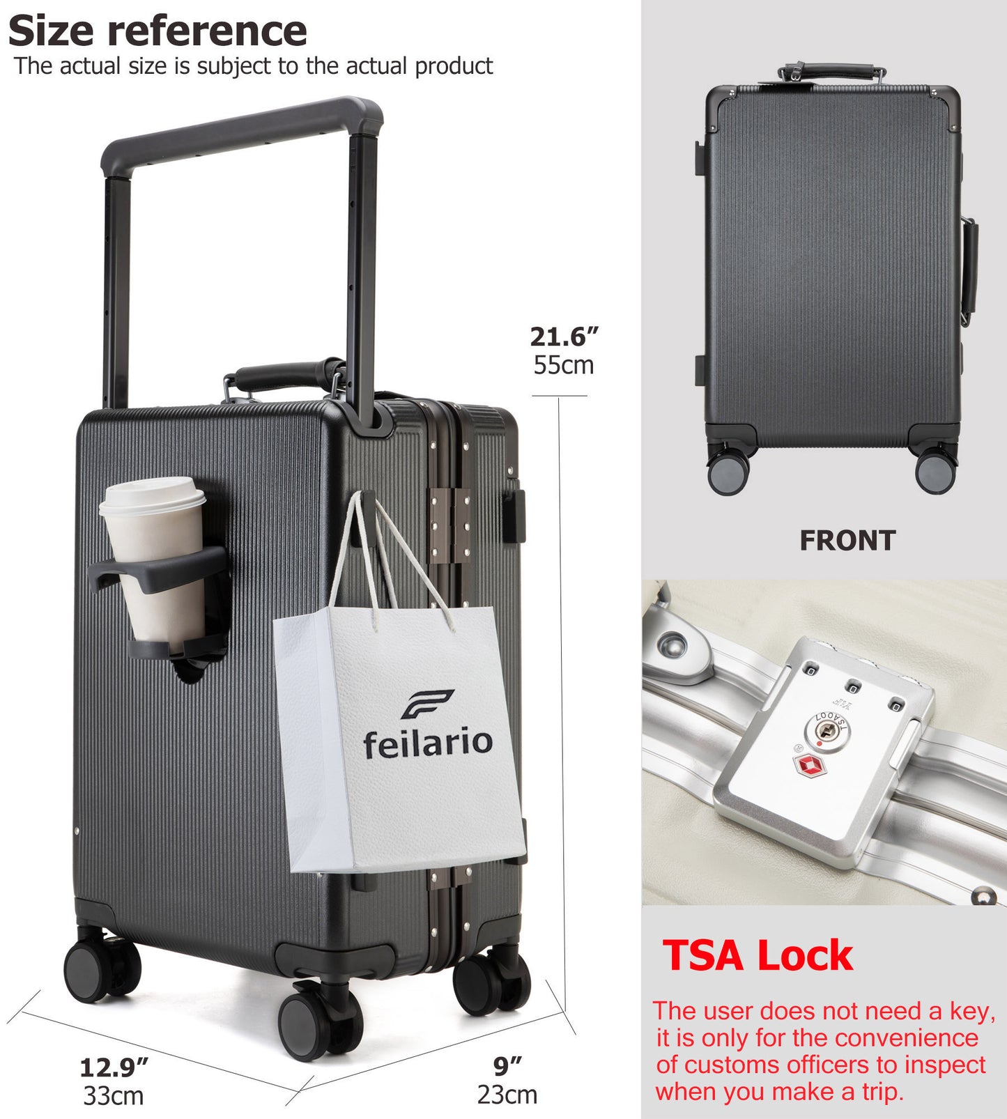 feilario 20in Aluminum Frame Wide Handle PC Hardside Carry On Luggage - Double Spinner Wheels Luxury Rolling Travel Suitcase with TSA Lock & Cup Holder