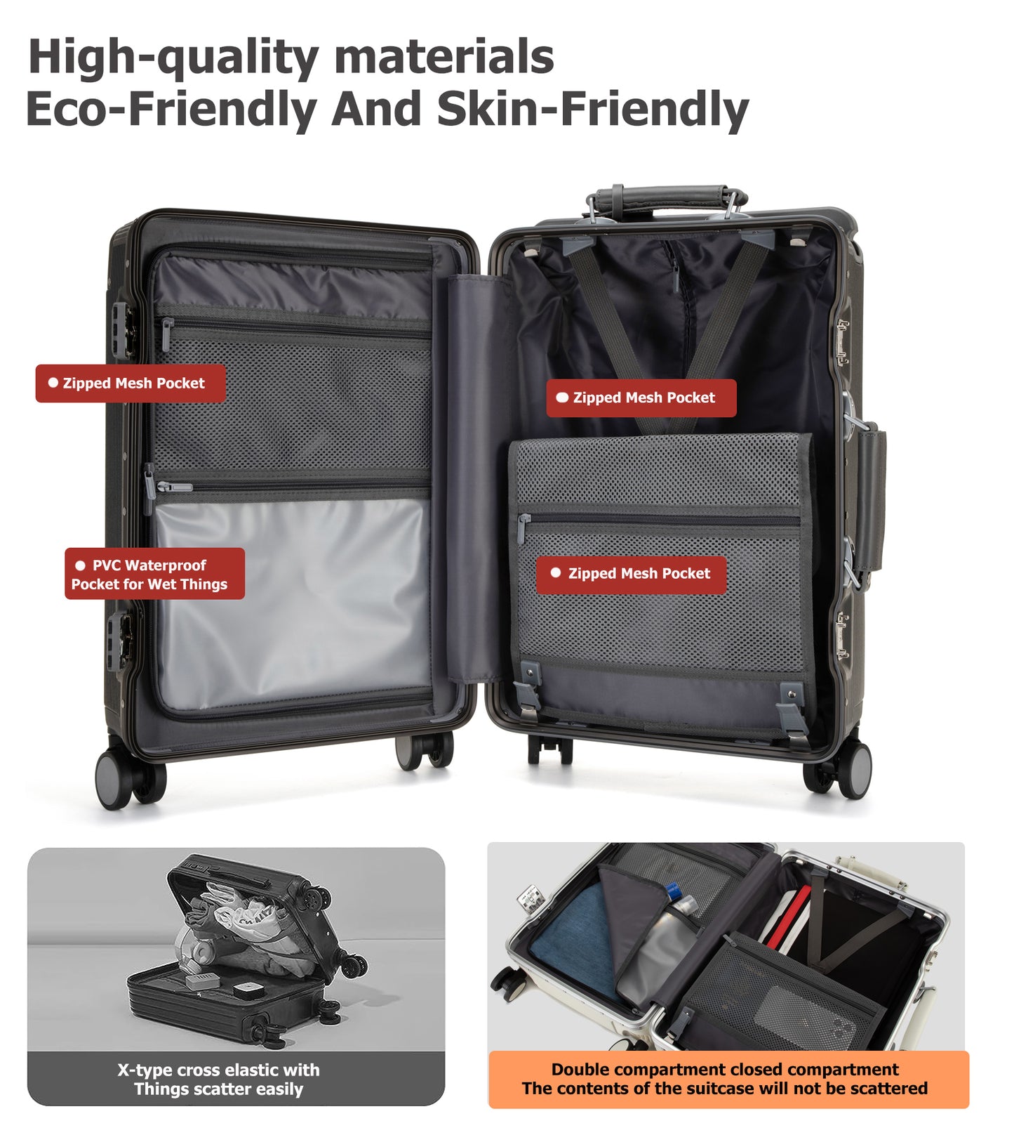 feilario 20in Aluminum Frame Wide Handle PC Hardside Carry On Luggage - Double Spinner Wheels Luxury Rolling Travel Suitcase with TSA Lock & Cup Holder