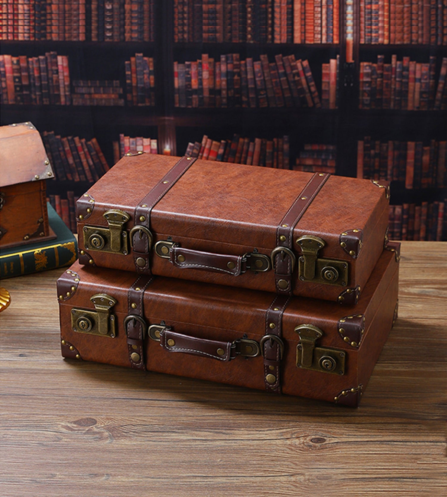 Feilario vintage brown leather trunk suitcase set