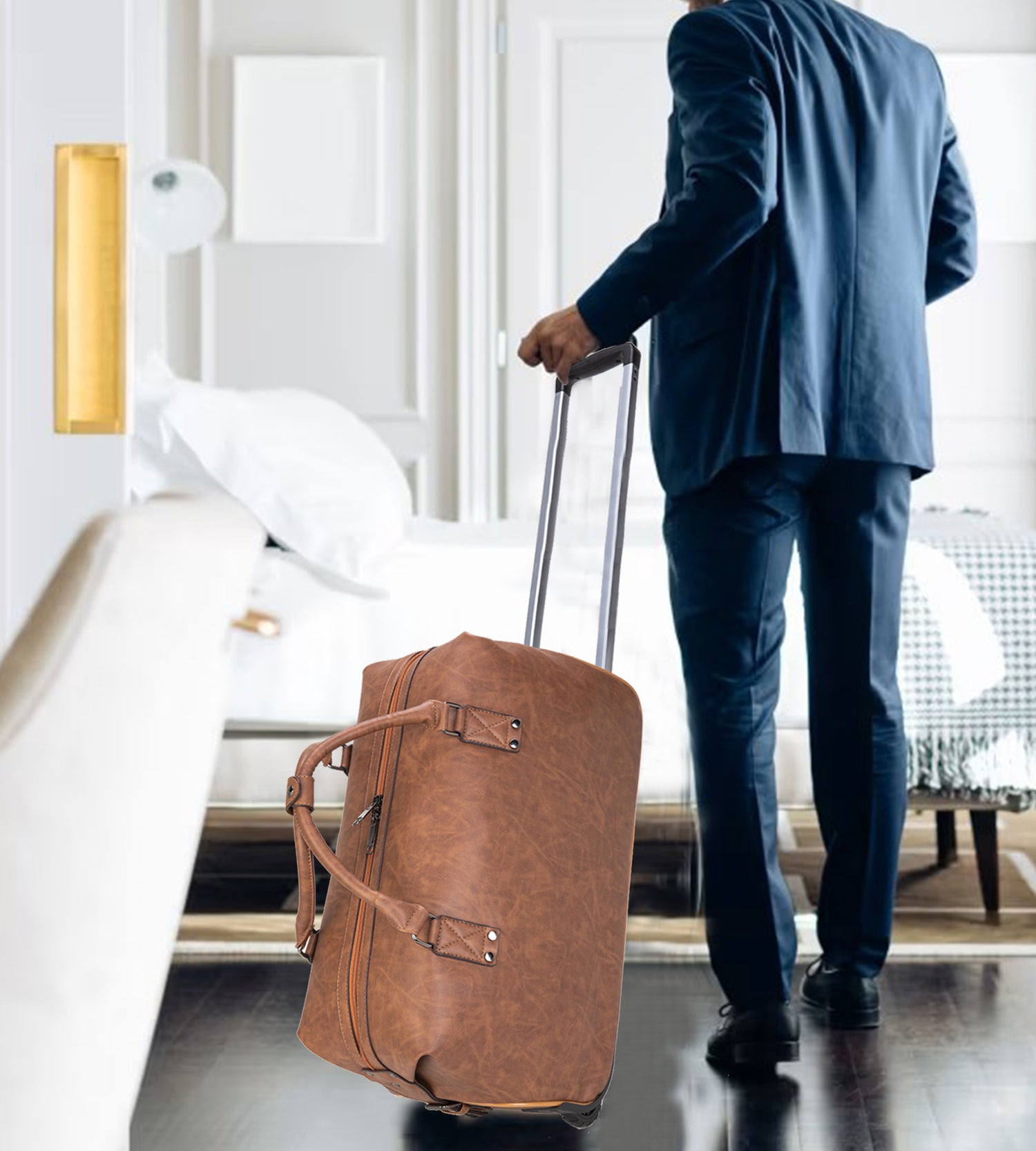 Wheeled Leather Weekender Duffel Bag