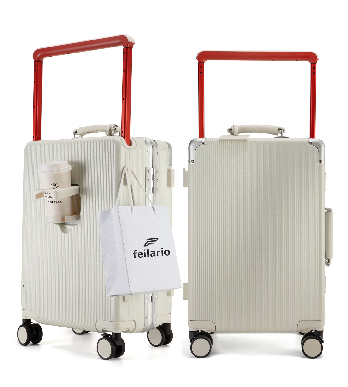 feilario 20in Aluminum Frame Wide Handle PC Hardside Carry On Luggage - Double Spinner Wheels Luxury Rolling Travel Suitcase with TSA Lock & Cup Holder
