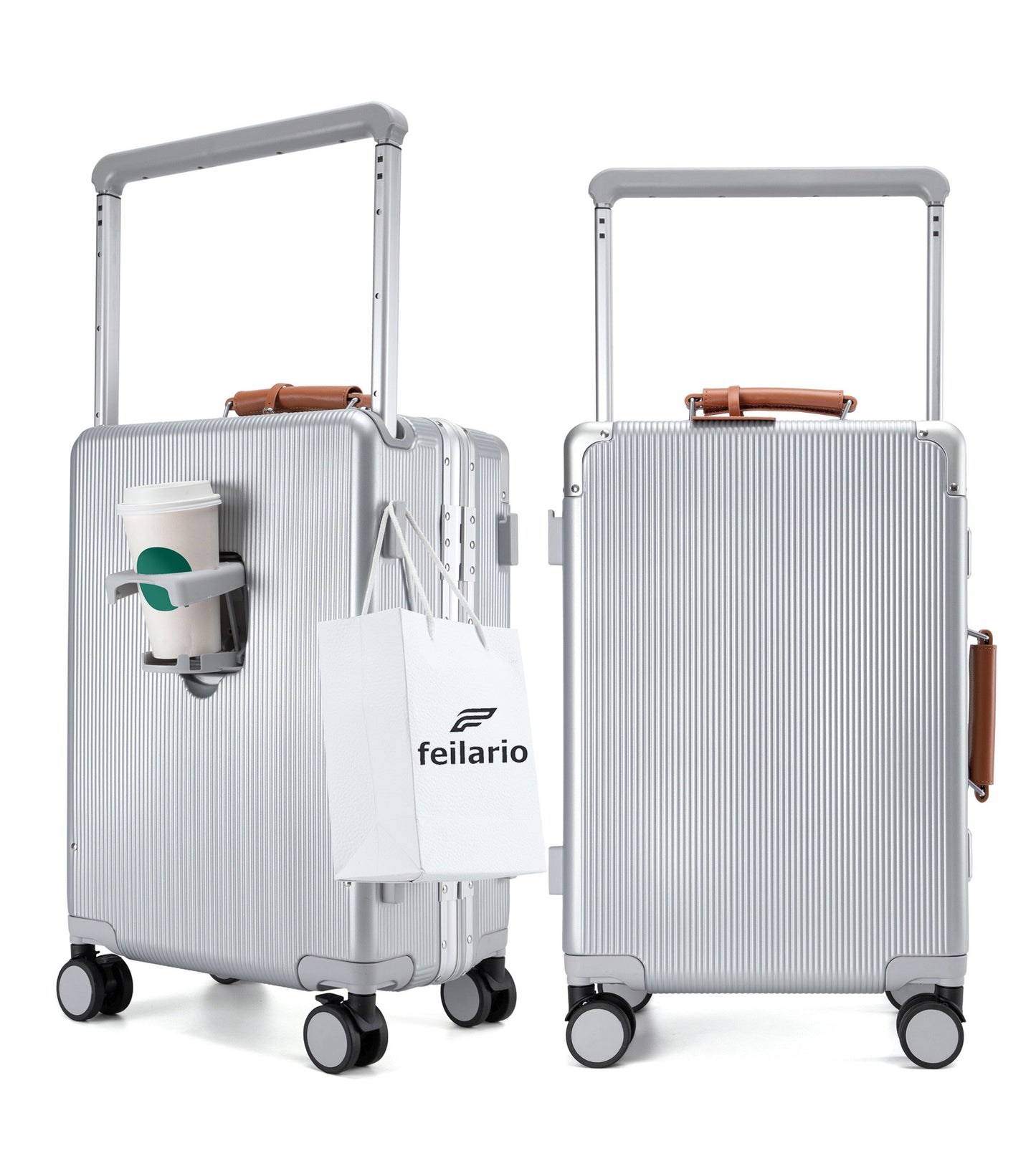 feilario 20in Aluminum Frame Wide Handle PC Hardside Carry On Luggage - Double Spinner Wheels Luxury Rolling Travel Suitcase with TSA Lock & Cup Holder