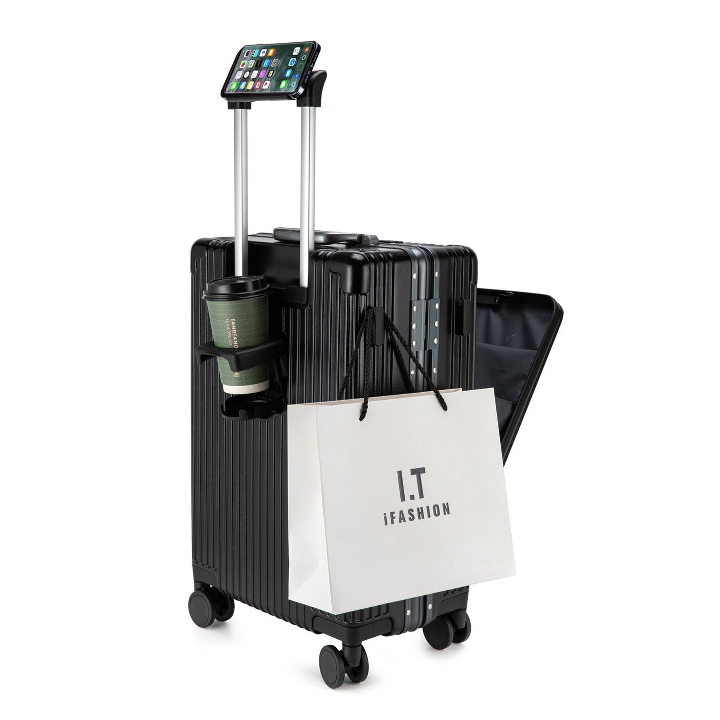 feilario 20in/24in Aluminium Frame Hardside Spinner Wheel Luggage, Built-In TSA lock Travel Zipperless Carry on Suitcase - Airline Approved Carry on Luggage with Cup Holder & USB Port & Phone Holder