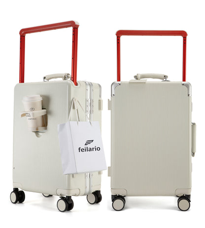 feilario 20in Aluminum Frame Wide Handle PC Hardside Carry On Luggage - Double Spinner Wheels Luxury Rolling Travel Suitcase with TSA Lock & Cup Holder