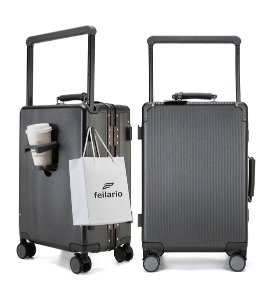 feilario 20in Aluminum Frame Wide Handle PC Hardside Carry On Luggage - Double Spinner Wheels Luxury Rolling Travel Suitcase with TSA Lock & Cup Holder