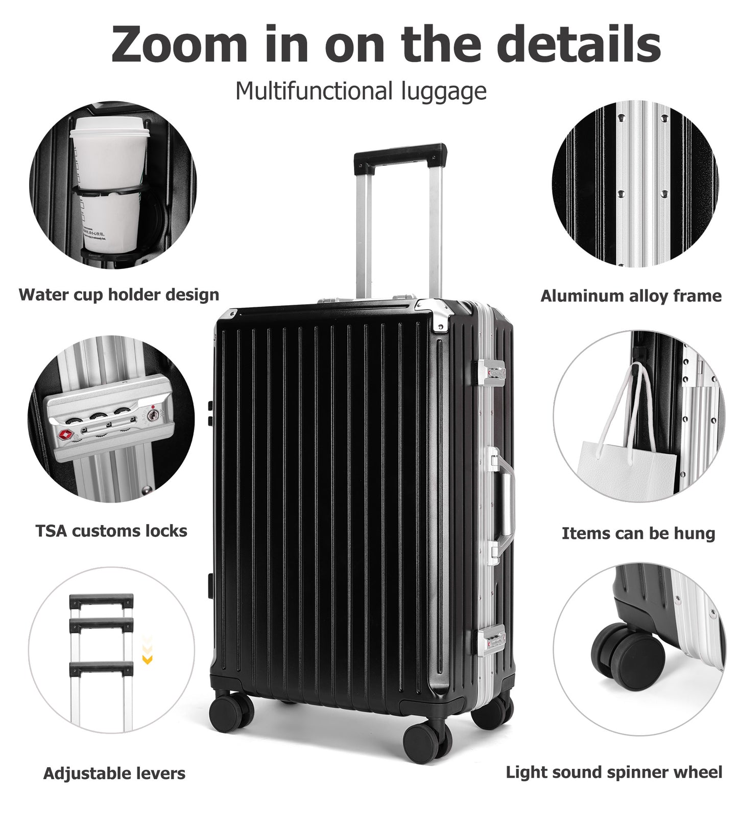 feilario  20in/24in Aluminium Frame PC ABS Zipperless Luggage Hardshell TSA Lock Spinner Wheels Carry on Suitcase with Cup Holder & Hook