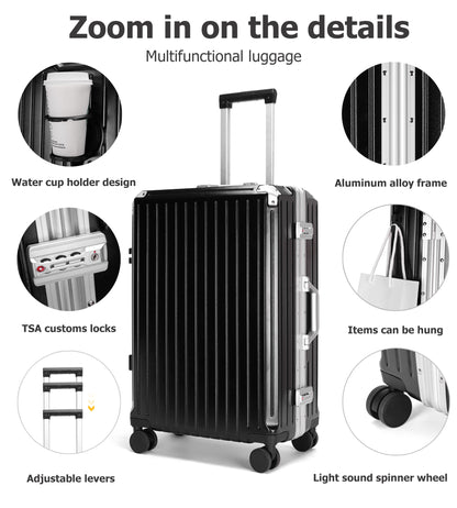 feilario  20in/24in Aluminium Frame PC ABS Zipperless Luggage Hardshell TSA Lock Spinner Wheels Carry on Suitcase with Cup Holder & Hook
