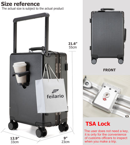 feilario 20in Aluminum Frame Wide Handle PC Hardside Carry On Luggage - Double Spinner Wheels Luxury Rolling Travel Suitcase with TSA Lock & Cup Holder