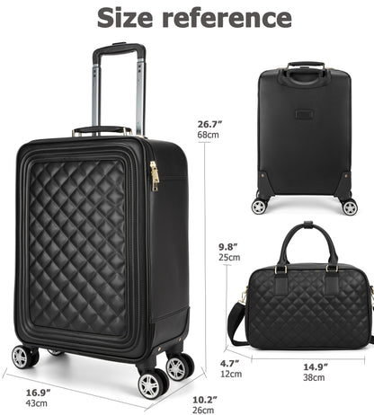 feilario 20in/24in 2 Piece Set Travel Leather Softside Carry On Luggage Double Spinner Wheels Checked Suitcase