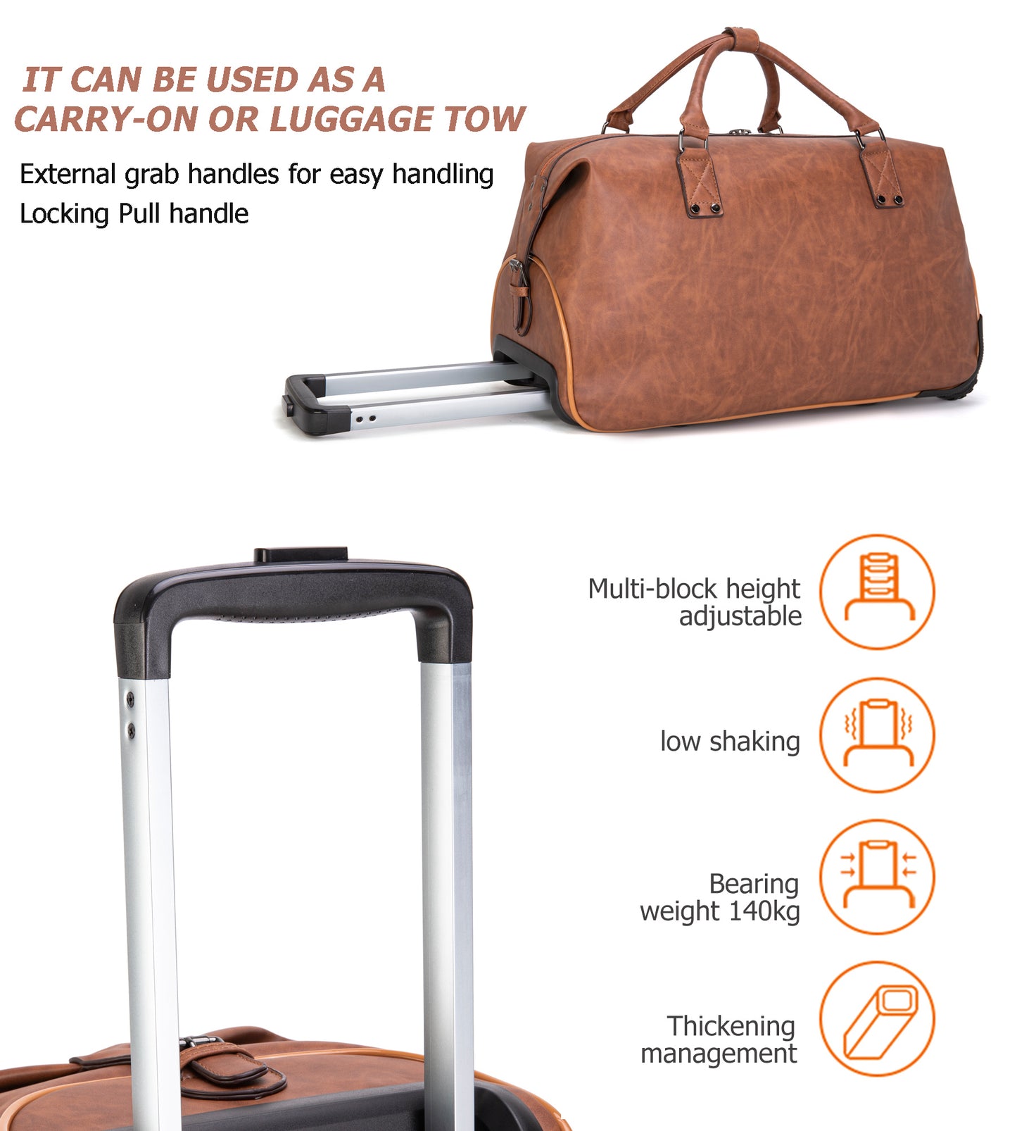feilario Travel Duffel Bag with Wheels Leather Unisex Weekender Bags Waterproof Toiletry Bag Convenient Carry on Suitcase for Overnight Trip