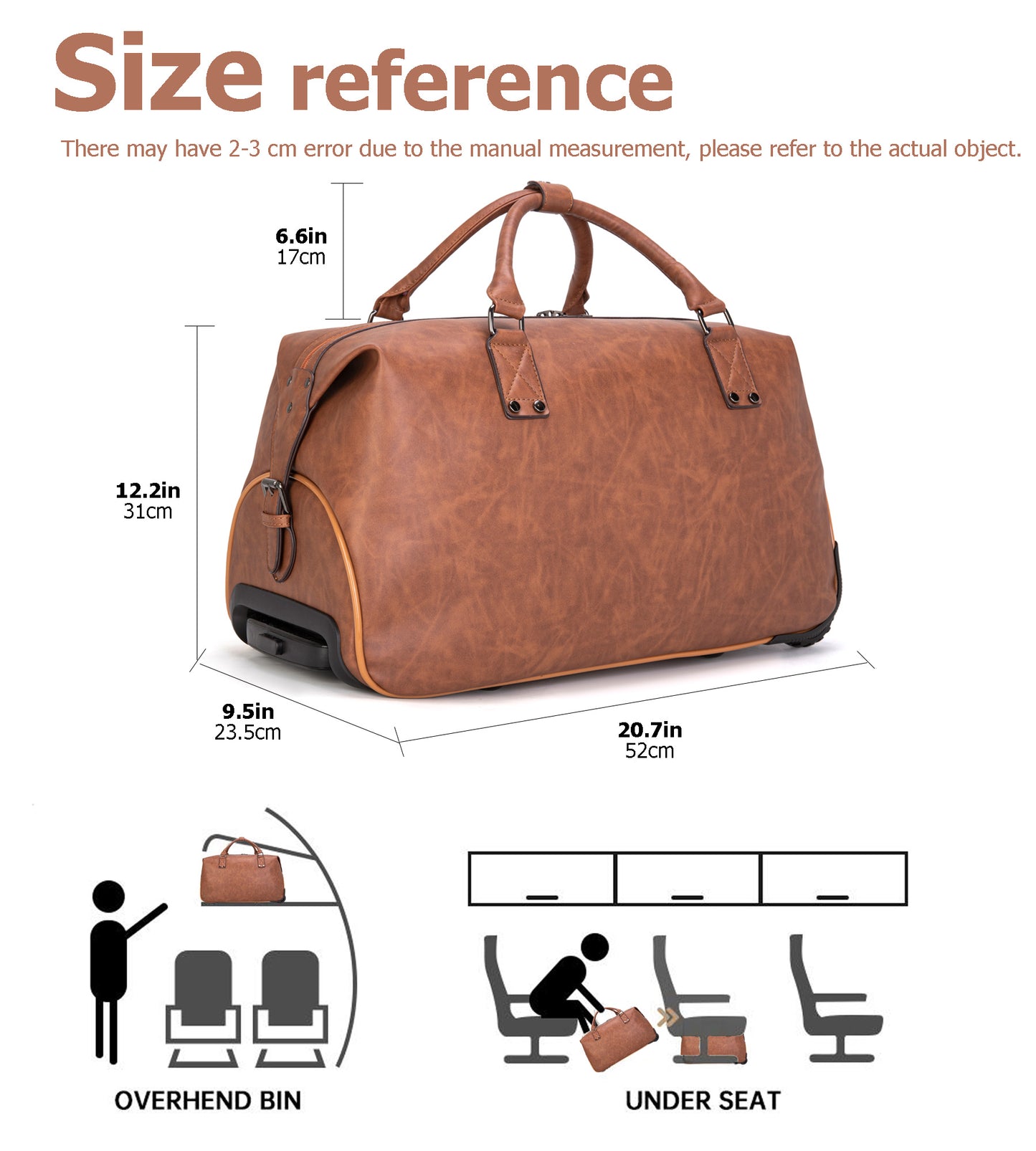 feilario Travel Duffel Bag with Wheels Leather Unisex Weekender Bags Waterproof Toiletry Bag Convenient Carry on Suitcase for Overnight Trip