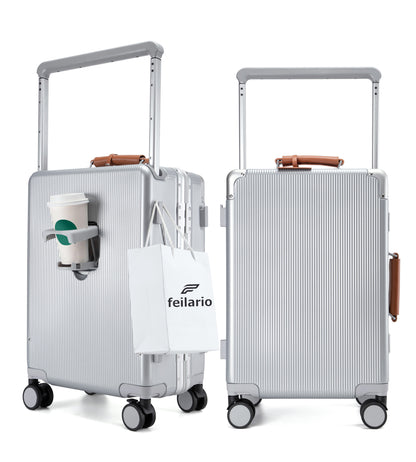 feilario 20in Aluminum Frame Wide Handle PC Hardside Carry On Luggage - Double Spinner Wheels Luxury Rolling Travel Suitcase with TSA Lock & Cup Holder
