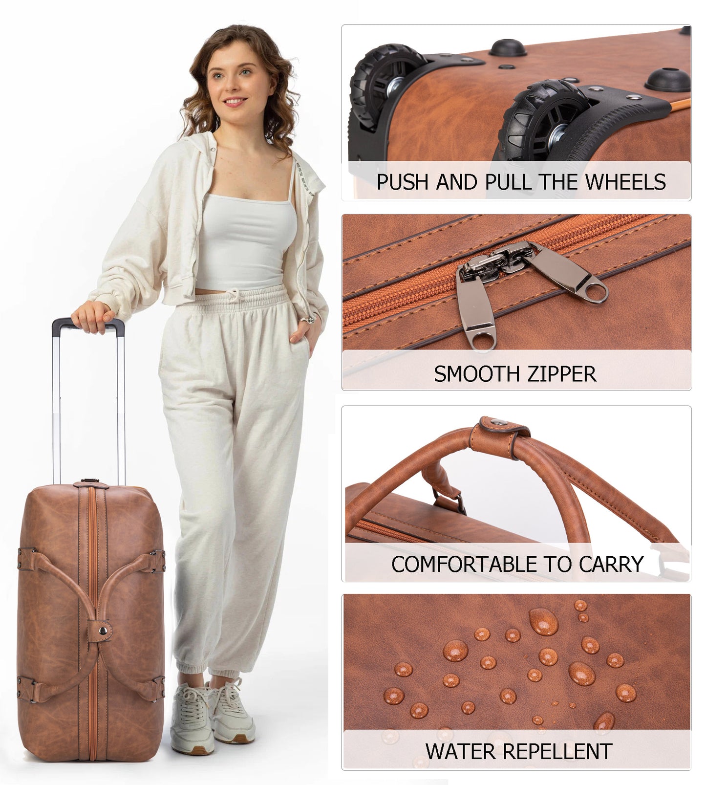 feilario Travel Duffel Bag with Wheels Leather Unisex Weekender Bags Waterproof Toiletry Bag Convenient Carry on Suitcase for Overnight Trip