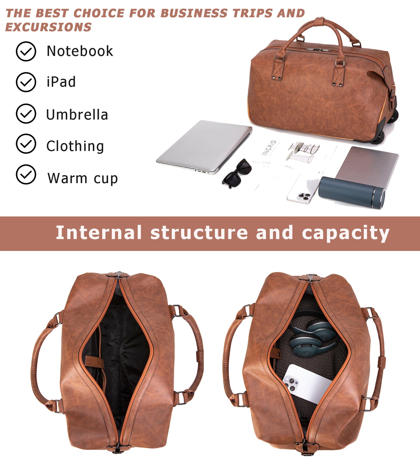 feilario Travel Duffel Bag with Wheels Leather Unisex Weekender Bags Waterproof Toiletry Bag Convenient Carry on Suitcase for Overnight Trip