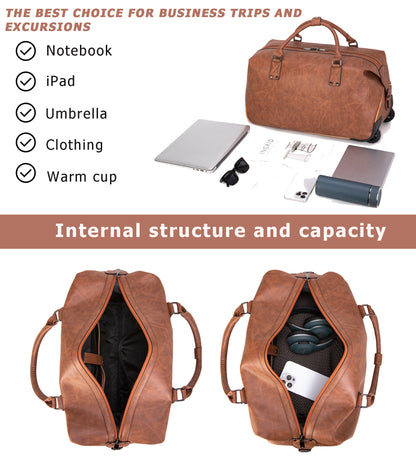 feilario Travel Duffel Bag with Wheels Leather Unisex Weekender Bags Waterproof Toiletry Bag Convenient Carry on Suitcase for Overnight Trip