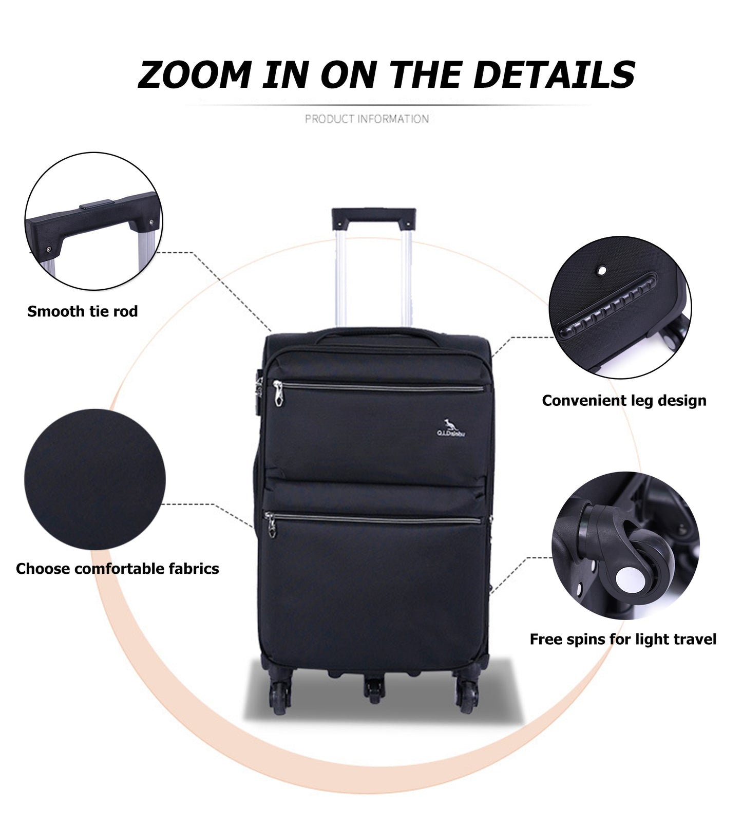 feilario 20in Softside Business Luggage Durable Oxford Cloth Carry On Suitcase with 5 Spinner Wheels